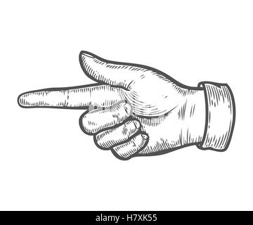 Hand gesture. Pointing left finger. Retro vintage sketch vector illustration. Engraving style. black isolated on white backgroun Stock Vector
