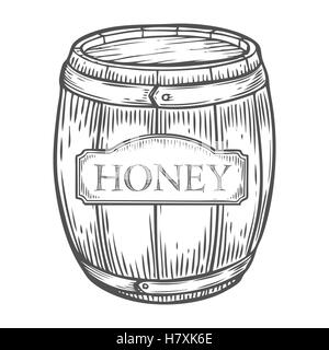 Honey jar, barrel vintage. Engraved organic food hand drawn sketch illustration. Black isolated on white background. Stock Vector