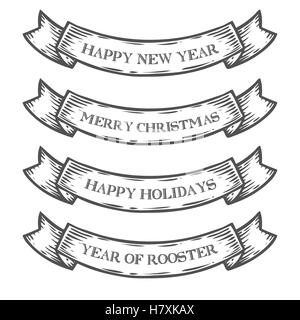 New Year 2017, Merry Christmas, Happy holidays, Year of Rooster emblem ribbon. Monochrome medieval set vintage engraving sign is Stock Vector