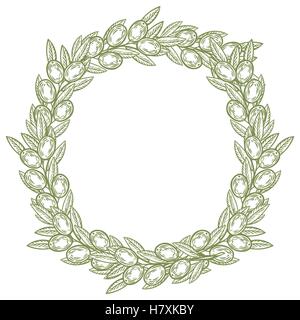 Olive laurel wreath and branch hand drawn vector illustration. Leave and berry round frame isolated on white background. Stock Vector