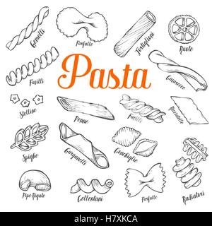Hand drawn Italian pasta set. Collection of different types of pasta. Retro line art vector illustration. Gluten Food from wheat Stock Vector