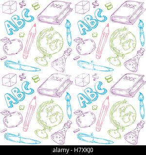 Seamless vector pattern of school objects hand drawn illustration. Endless texture for printing to fabric, web page background o Stock Vector