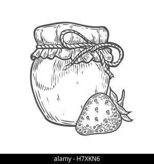 Strawberry jam jar Ink hand drawn vector illustration. Harvest autumn illustration. Engraved organic food sketch illustration. B Stock Vector