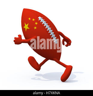 Chinese flag on the rugby ball with arms and legs that runs away, 3D Illustration Stock Photo