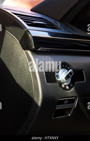 Interior (Designo) of used Mercedes-Benz S-Class S350 long (W221) car stand on a street in Mytishchi District in Moscow Oblast, Stock Photo