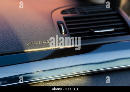 Interior (Designo) of used Mercedes-Benz S-Class S350 long (W221) car stand on a street in Mytishchi District in Moscow Oblast, Stock Photo