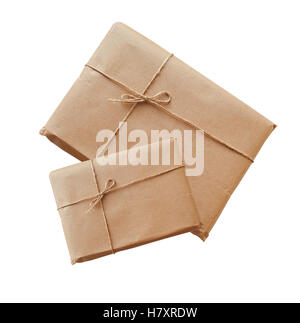 two envelopes kraft paper tied with string on a white background Stock Photo