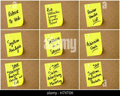 Collage of Business Acronyms written on yellow paper note pinned on cork board with white thumbtack, copy space available Stock Photo
