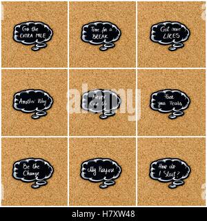 Photo collage of various words written on black thinking bubble over cork board background, copy space available Stock Photo