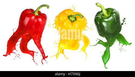 abstract red yellow green vegetable paprika sweet pepper color paint splash isolated on white background Stock Photo