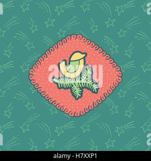Christmas and New Year vintage ornate frame with little bird sitting on fir tree branch symbol. Doodle illustration greeting car Stock Vector