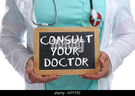 Ask consult your doctor young ill illness healthy health check-up screening with sign Stock Photo