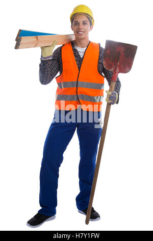 Young construction worker job full body portrait isolated on a white background Stock Photo