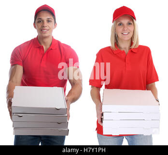 Pizza delivery woman man order delivering job young isolated on a white background Stock Photo