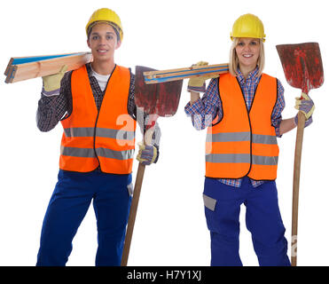 Young construction worker workers man woman job isolated on a white background Stock Photo