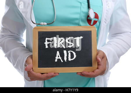 First aid help helping cpr young doctor medical accident with sign Stock Photo