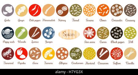 Big set of flat culinary spices. White Silhouettes Stock Vector