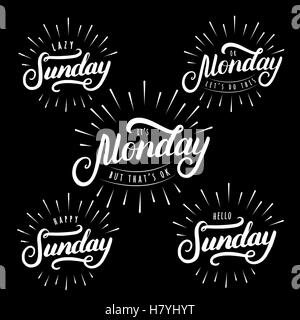 Set of sunday and monday hand written lettering. Modern brush calligraphy. Isolated on black background. Inspirational quote for Stock Vector