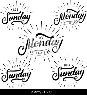 Set of sunday and monday hand written lettering. Modern brush calligraphy. Inspirational quote for office card, poster, photo ov Stock Vector