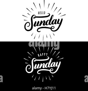 Set of happy and hello sunday hand drawn lettering. Modern brush calligraphy design for card, poster, social media post, photo o Stock Vector