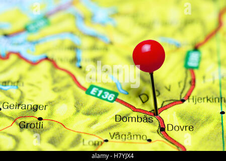 Dombas pinned on a map of Norway Stock Photo