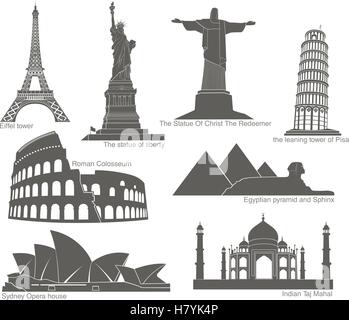set of landmarks in black with elements Stock Vector