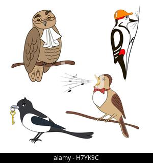 Set of cartoon birds. Owl, woodpecker, magpie, nightingale. Stock Vector