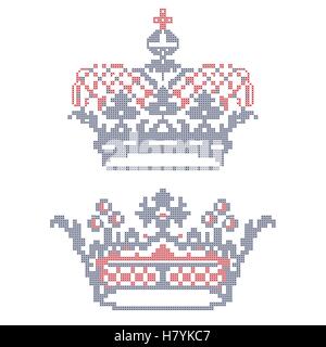 Design elements for cross-stitch embroidery. Crowns. Vector illustration. Stock Vector