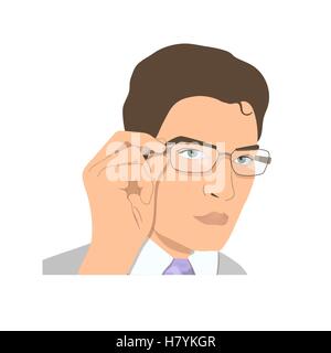 Face of a young man in glasses.   Businessman rearranging spectacles. Stock Vector