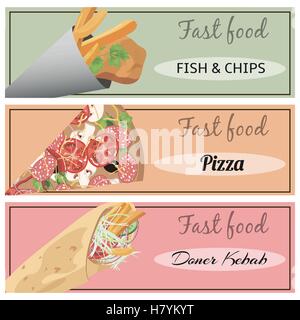 Set of fast food banners. Doner kebab, pizza, fish and chips. Stock Vector