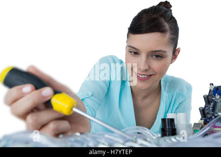 Female computer engineer repairing computer motherboard Stock Photo