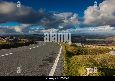 The A4069 descends from the Black Mountain in the Brecon Beacons into the Towy Valley, Carmarthenshire Stock Photo