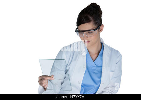 Female scientist pretending to use digital tablet Stock Photo