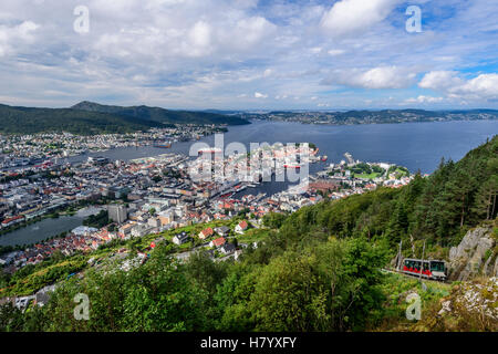 View from the local mountain Fløifjellet on Bergen, on the right Fløenbahn, Floyenbahn, Hordaland, Norway Stock Photo