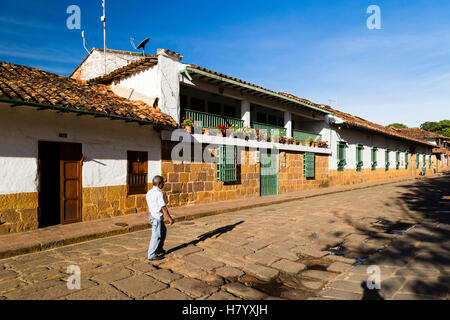 White Houses and Cobblestone Street, Colonial City of Barichara, Santander, Colombia Stock Photo