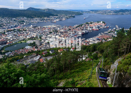 View from the local mountain Fløifjellet on Bergen, on the right Fløenbahn, Floyenbahn, Hordaland, Norway Stock Photo