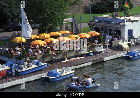 Boathouse on the Eiserner Steg pier, beer garden, bar, cafe, restaurant, Main river, Frankfurt, Hesse Stock Photo