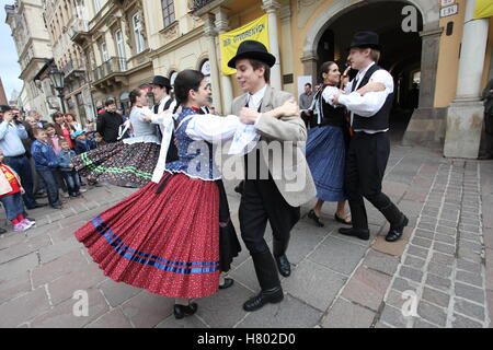 Folklore ensemble performs at the Kosice City Days festival in the historic centre of Kosice, Slovakia. Stock Photo