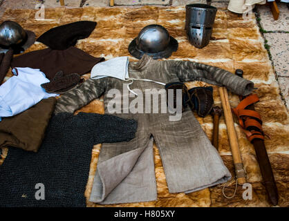 Historical restoration of knightly fights on festival of medieval culture Stock Photo