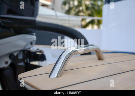 Stainless handle on the Luxury boat ,selective focus Stock Photo