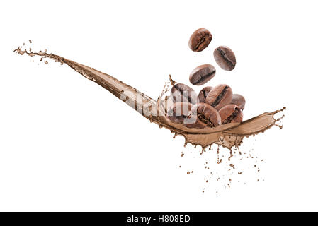 coffee beans falling down on wave of coffee Stock Photo