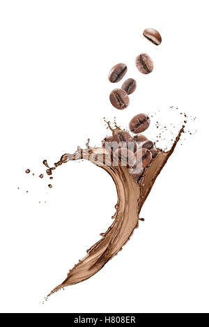 coffee beans falling down on wave of coffee Stock Photo