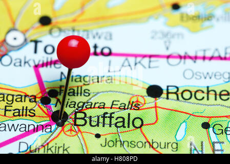 Buffalo pinned on a map of New York state, USA Stock Photo