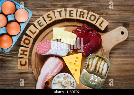 High-Cholesterol foods as eggs, liver, yellow cheese, butter, bacon, lard with onion, sardines in oil. Wooden table as backgroun Stock Photo