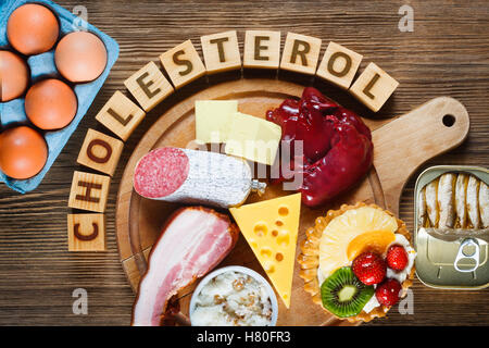 Foods rich in cholesterol as eggs, liver, yellow cheese, butter, bacon, lard with onion, sardines in oil and sweet dessert - cup Stock Photo