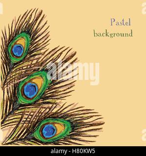 Vector illustration of a hand drawing a pastel crayon background with peacock feathers Stock Vector