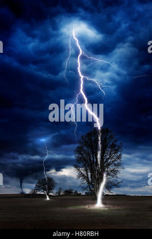 dangerous storm with lightning and tornado Stock Photo