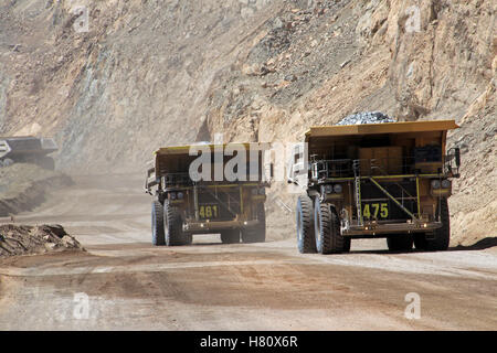 The huge trucks at Chuquicamata, the world's biggest open pit copper mine with its trucks working, near Calama, Chile Stock Photo