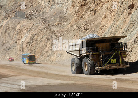 Size comparison of the huge trucks at Chuquicamata, the world's biggest open pit copper mine with its trucks working, near Calama, Chile Stock Photo