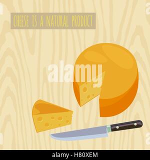 Circle of cheese on a wooden background. Knife and cut a piece of cheese. Stock Vector illustration. Stock Vector